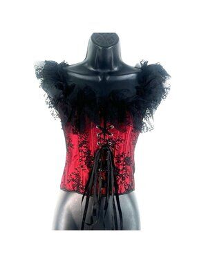 Vintage 80s Gothic Red and Black Lace Corset Top w Lace sholder strap M